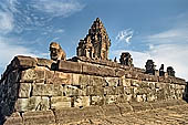 Bakong temple - intermediate platform of the pyramid with stone elephant at the corner